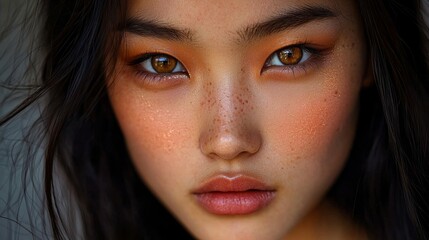 Fototapeta premium A close-up portrait of a young woman with striking features, featuring warm tones, captivating eyes, and natural makeup that highlights her beauty.