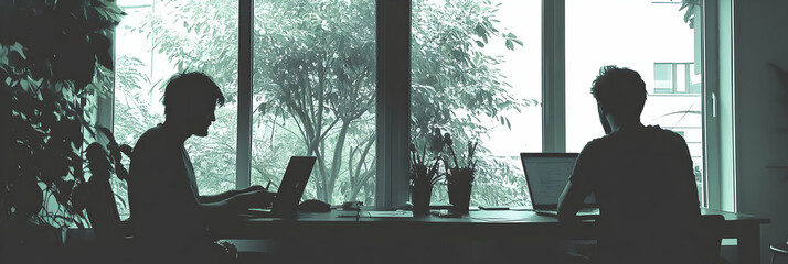 Silhouette of Two People Working on Laptops by Window