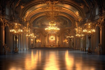 Obraz premium Opulent ballroom with gold accents, grand chandeliers, and polished floors. Ideal for royalty, luxury, and elegance themed projects; evokes feelings of wealth and sophistication.