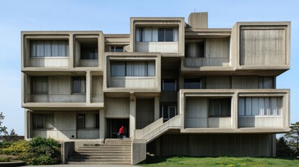 Concrete architecture with imposing forms and raw surfaces, characteristic of the brutalist movement
