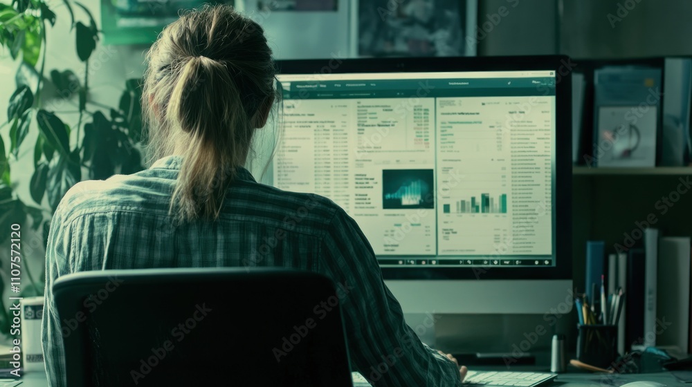 Poster A person working at a desk, analyzing data on a computer screen in an office setting.