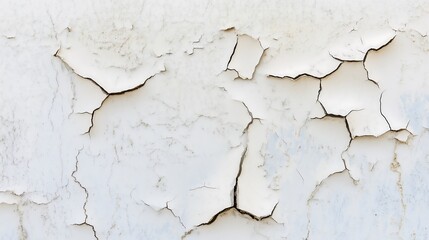 Obraz premium Close-up of aged, cracked white paint on a textured surface, showcasing intricate patterns of decay.