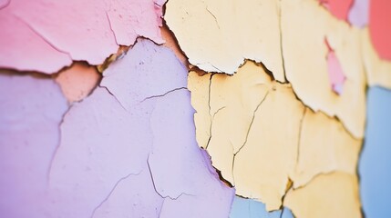 Obraz premium Close-up of textured, peeling paint in pastel colors creating an abstract pattern.