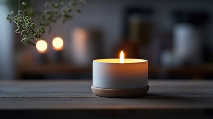  Warm candlelight in a minimalist holder on a wooden table, creating a tranquil and cozy atmosphere for relaxation and mindfulness.
