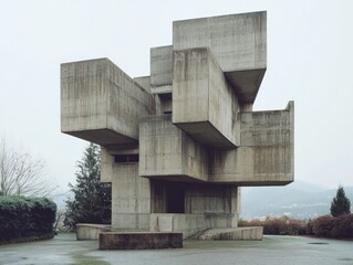 Brutalist office buildings with imposing concrete exteriors and minimalist interiors for functional spaces