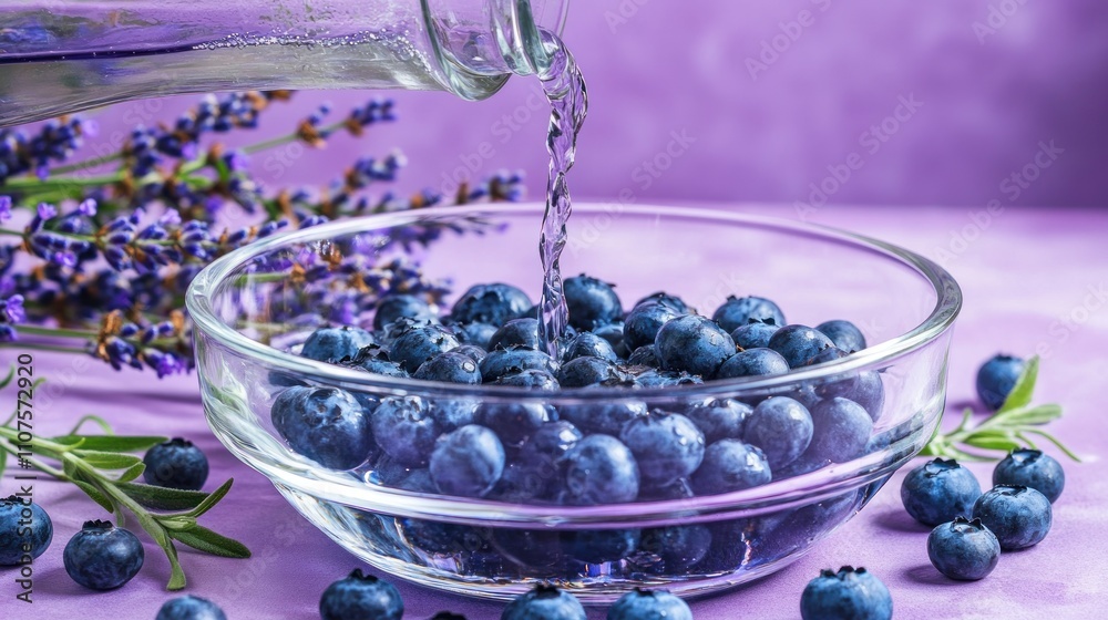 Poster Fresh blueberries in a bowl with lavender, water pouring in, creating a refreshing scene.