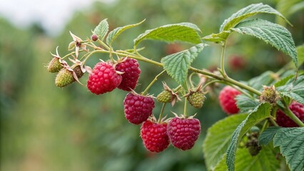 Fresh raspberries on a bush in a summer garden