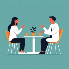 Two individuals engage in dialogue while seated in chairs with a small table in the middle