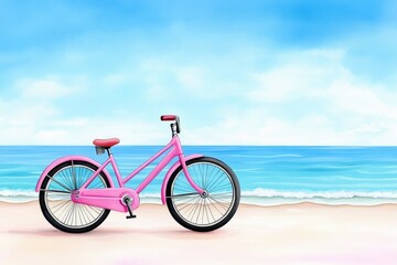 Fototapeta premium A dreamy watercolor scene of a bicycle parked by the beach, with pastel tones blending the waves, sand, and sky