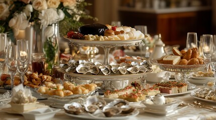 A stunning gourmet food display on a dining table with a mix of delicacies like foie gras, oysters, and fine pastries, set for an upscale dinner party 