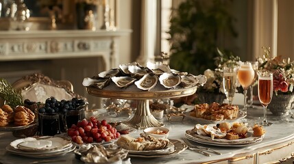 A stunning gourmet food display on a dining table with a mix of delicacies like foie gras, oysters, and fine pastries, set for an upscale dinner party 
