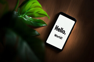Minimalist Phone Display with "Hello, World!"