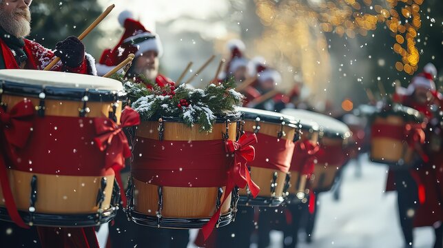  Twelve drummers marching in perfect unison, their drums decorated with red ribbons and holly, leading grand Christmas parade.