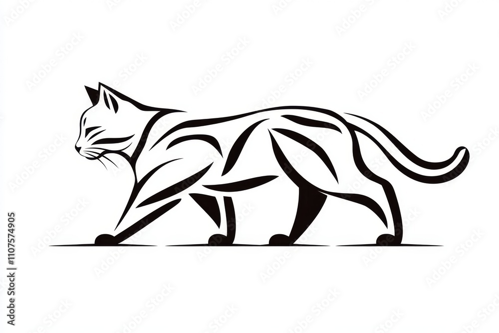 Poster a flat design of a cat silhouette with its tail curled, rendered in bold black lines on a white back