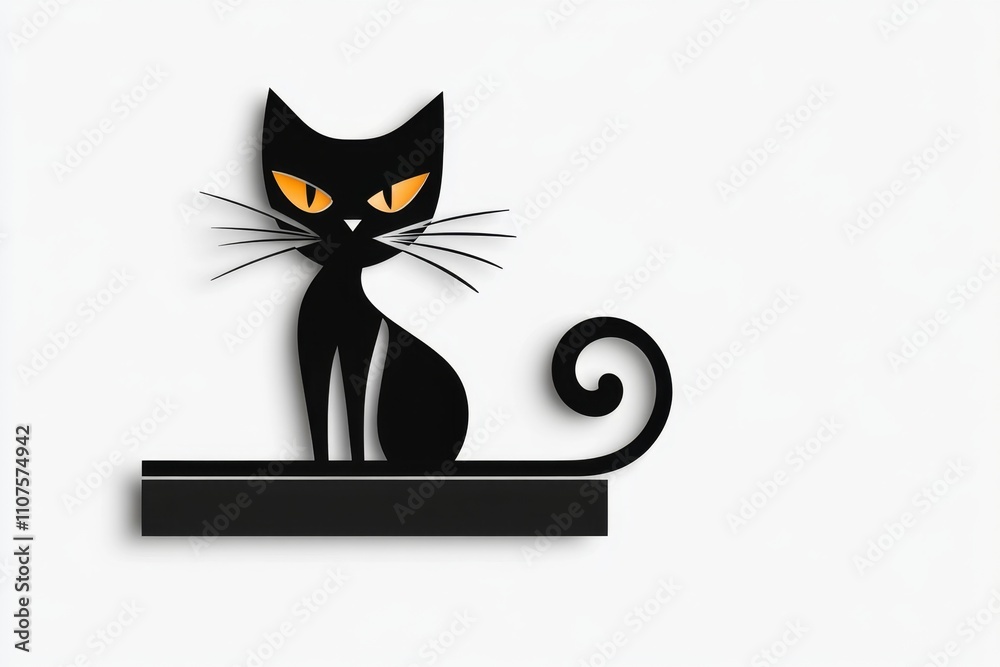 Poster a flat design of a cat silhouette with its tail curled, rendered in bold black lines on a white back