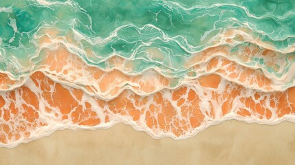 Fototapeta premium From above, a tropical coastline basks in sunlight, revealing turquoise waves, golden sand, and a vibrant turquoise sea.