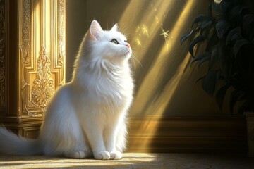 A fluffy white cat sitting elegantly in a Victorian-style room, staring out of a tall window
