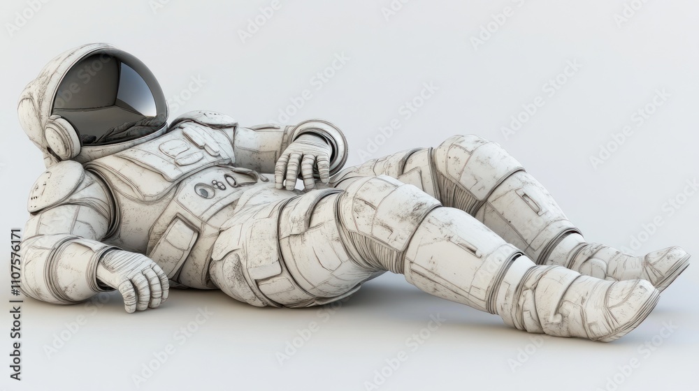 Poster a stylized astronaut figure reclining on a surface, showcasing a futuristic design.