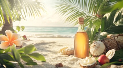 Obraz premium Glass bottle of coconut oil on a sandy beach with coconuts and frangipani flower