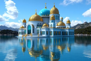 Naklejka premium A futuristic reimagining of Byzantine architecture, blending golden mosaics with sleek glass domes and holographic religious icons
