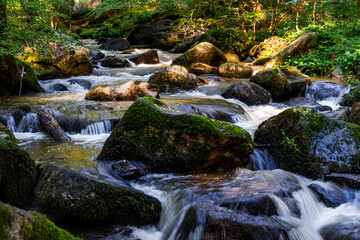 Hiking along Otterbach in the Otterbach Valley in the Bavarian Forests. Germany.