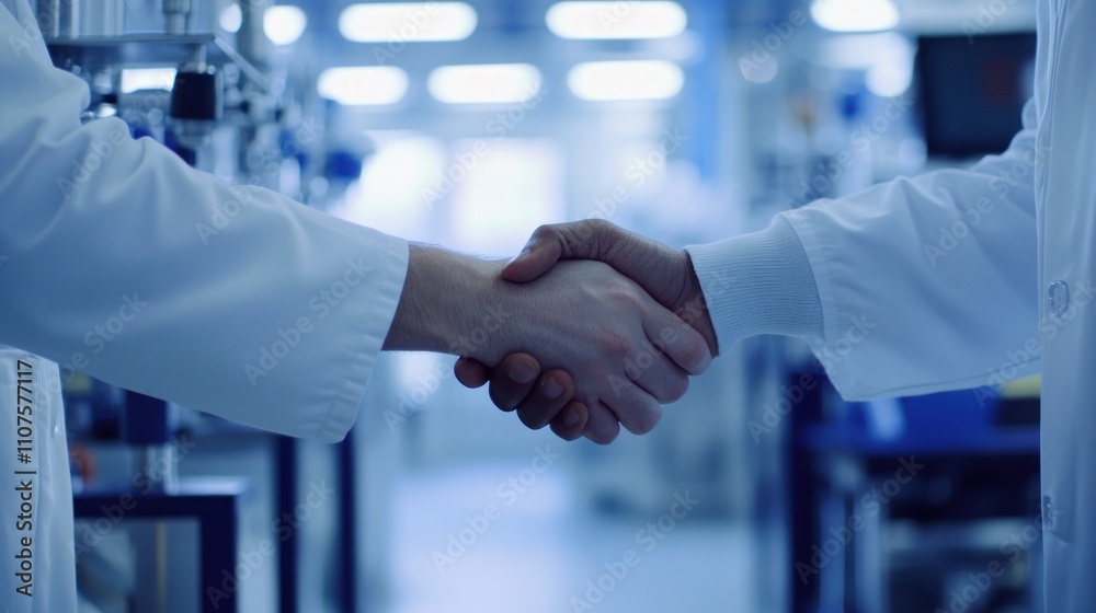 Poster a handshake between two individuals in lab coats, symbolizing collaboration in a scientific setting.