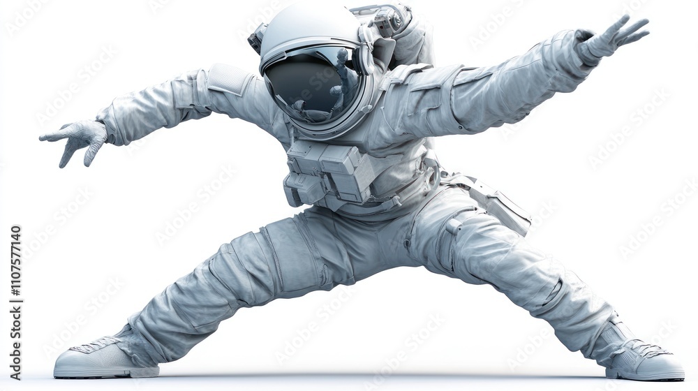 Poster a 3d model of an astronaut in a dynamic pose, showcasing space exploration themes.