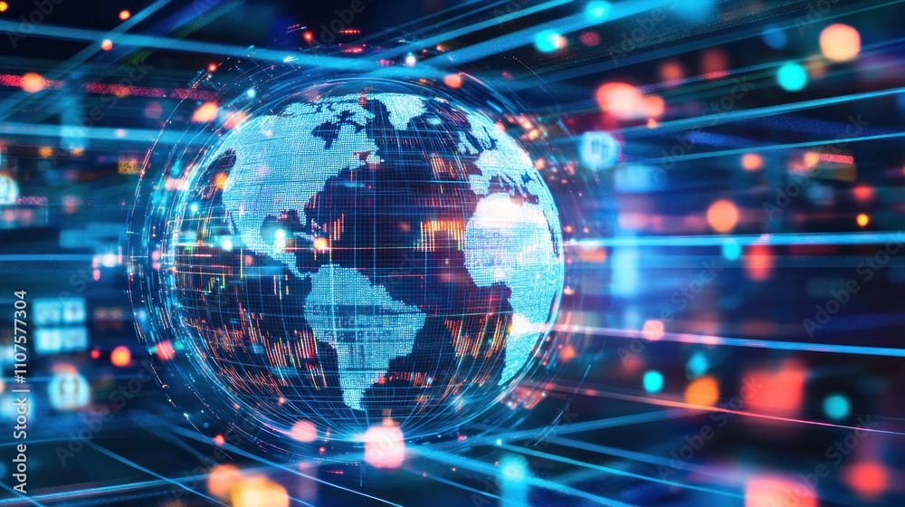 Poster a digital representation of earth with data streams, symbolizing global connectivity and technology.