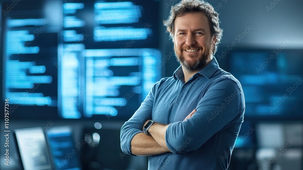 Leinwandbilder A smiling man stands confidently in front of digital screens displaying code in a tech environment.