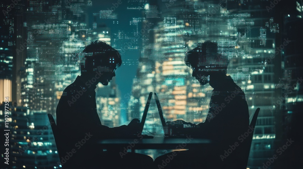 Poster silhouettes of two individuals working on laptops against a city skyline with digital overlays.