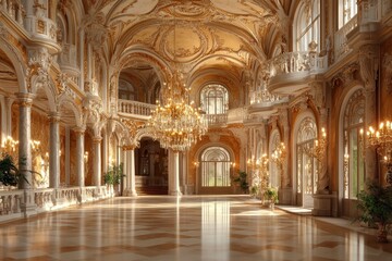 Opulent gold ballroom with marble floors and grand chandeliers. Ideal for elegant events, luxury brands, and fairytale themes.