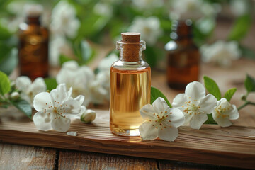 Essential oil with jasmine flower on wooden plank,.     