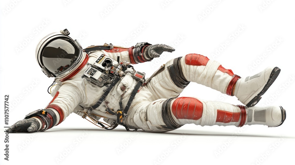 Aufkleber an astronaut in a spacesuit lying on the ground, showcasing space exploration gear.