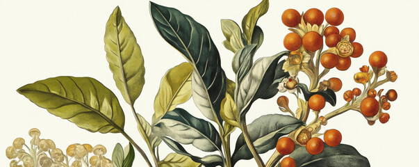 Vintage scientific illustration featuring detailed botanical elements, including vibrant orange berries and lush green leaves, showcasing beauty of nature