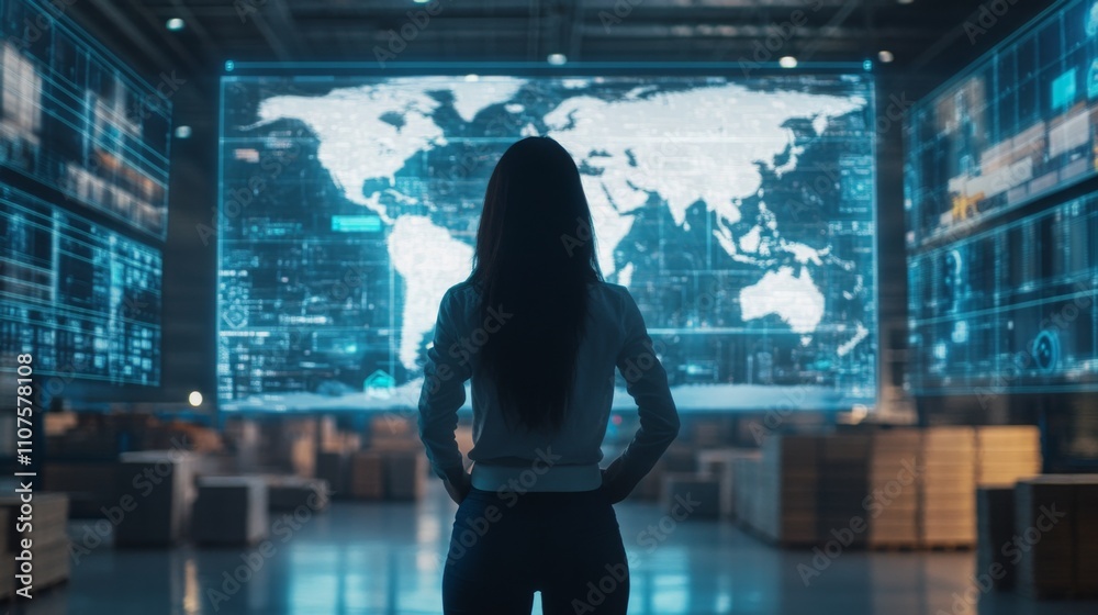 Poster A professional woman stands facing a large digital screen displaying a world map and complex data visuals. She is in a contemporary office setting with stacks of boxes around her.