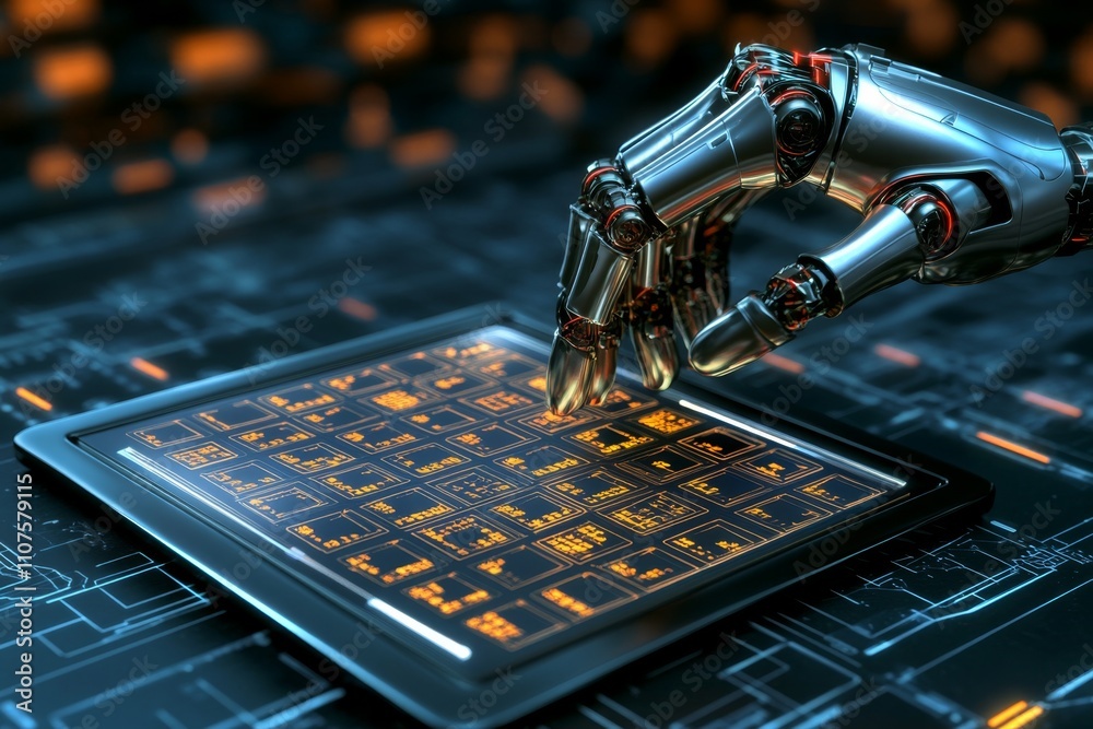 Poster a high-tech holographic calendar displayed on a robotic hand, set against a dark cyberpunk backgroun
