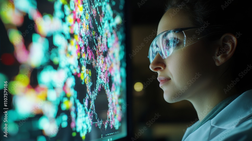 Aufkleber a woman in a lab coat with glasses examines digital data displayed on a large screen. the colorful g