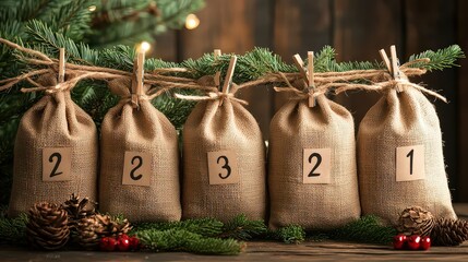 String of burlap bags numbered and hung on twine with clothespins, each filled with trinkets, candy, or tiny ornaments, complemented by natural, earthy aesthetic.