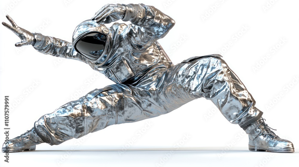 Aufkleber a futuristic astronaut in a dynamic pose, showcasing a sleek, metallic spacesuit.