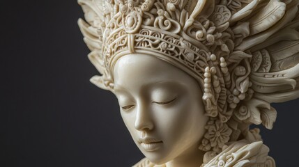 Obraz premium Close-up of an intricately carved statue of a serene woman wearing an ornate headdress.