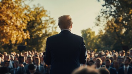 A politician giving a presidential speech wearing a dark blue suit speaking to a large crowd looking on in a public