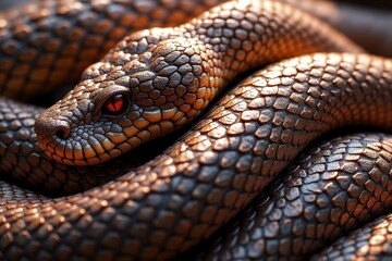 Fototapeta premium Dark brown snake with striking red eyes resting on a textured surface