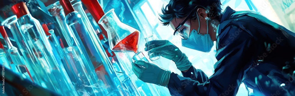 Aufkleber a scientist conducts an experiment in a laboratory, mixing substances in glassware.
