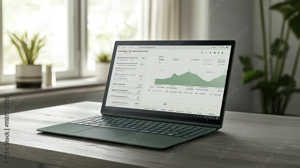 Poster a laptop displaying data analytics on a wooden table near a window with plants.
