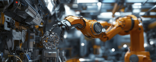 collaborative robotic arm in factory setting, assembling components with precision and efficiency. advanced technology showcases automation in modern manufacturing