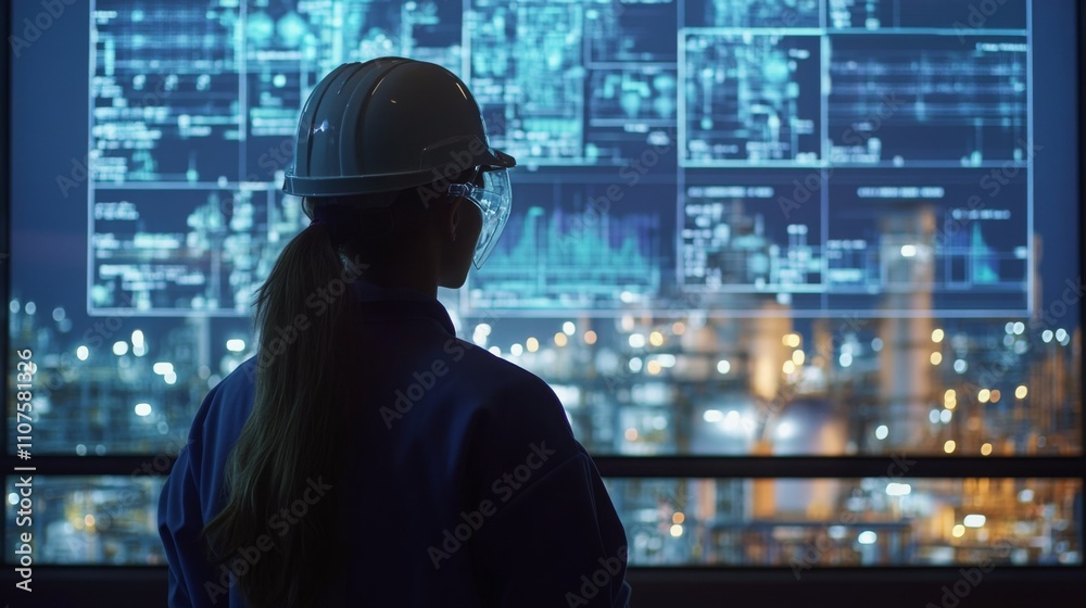 Poster a woman wearing a hard hat and safety goggles stands in front of a large digital display. she is foc