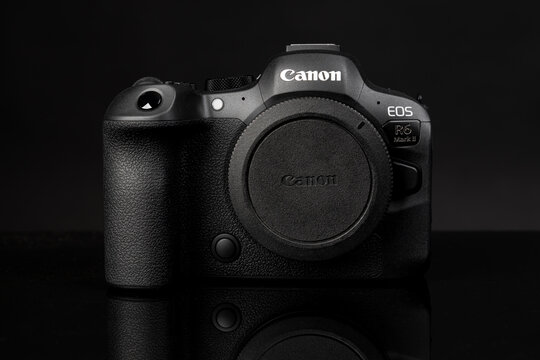 Varna , Bulgaria - November 23, 2024: Canon EOS R6 mark II camera, body on black background. Canon's new mirrorless camera.
