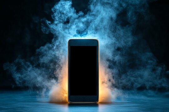 A mysterious cellphone emitting eerie light, surrounded by dark mist and cryptic symbols on its screen