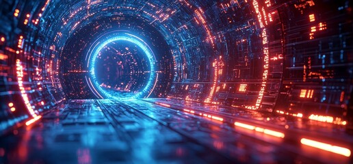 Fototapeta premium A futuristic 3D scene with a luminous blue tech gateway radiating holographic light. A platform with dynamic lighting, ideal for sci-fi or tech-themed designs. An abstract cyberpunk teleportation