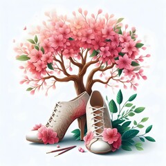 The image features a creative blend of nature and fashion, showcasing a pair of elegant white high-heeled shoes adorned with delicate pink flowers. Behind the shoes, a flourishing tree with vibrant pi